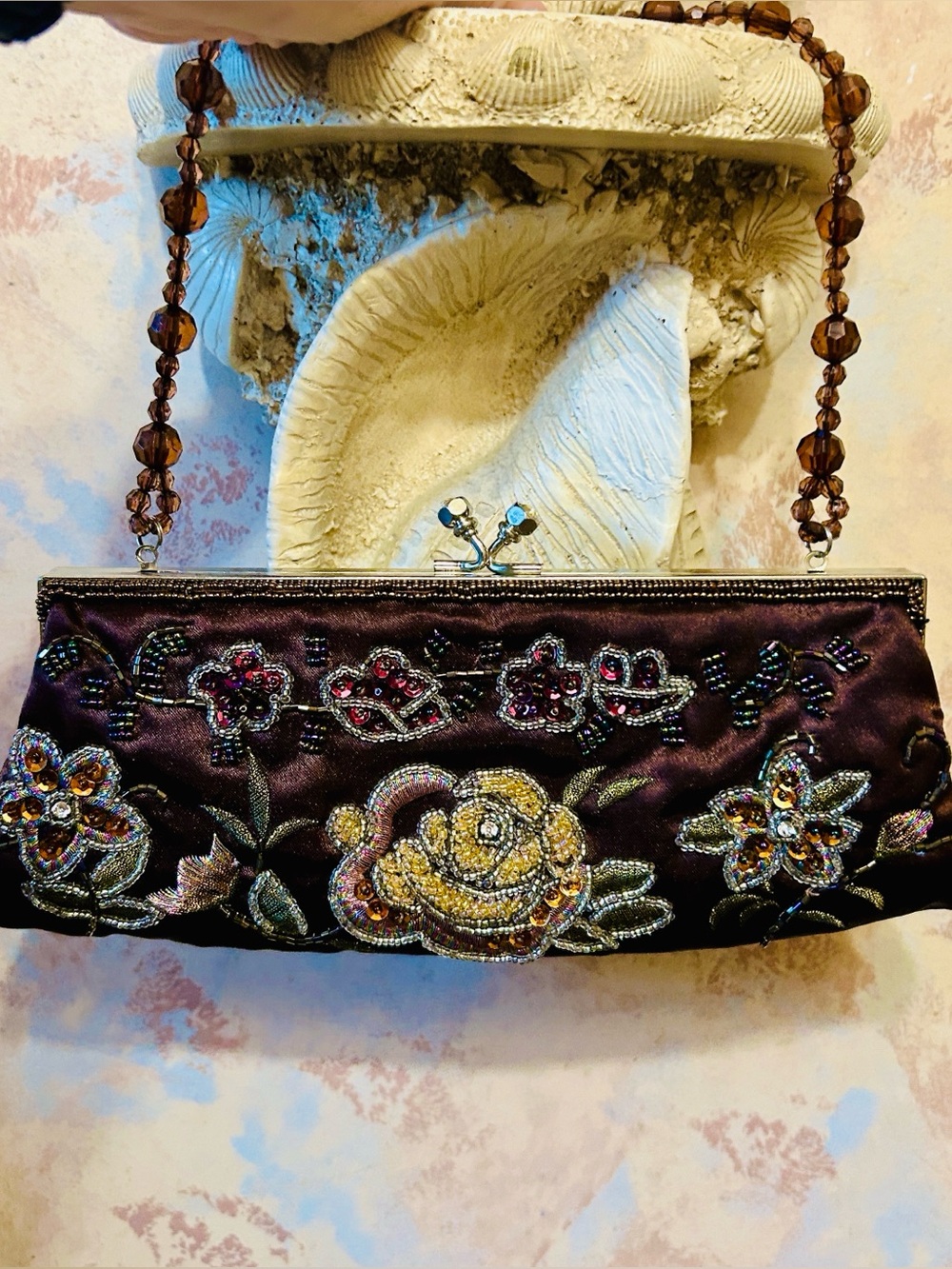 Stunning Embellished Chocolate Satin Evening Clutch Handbag